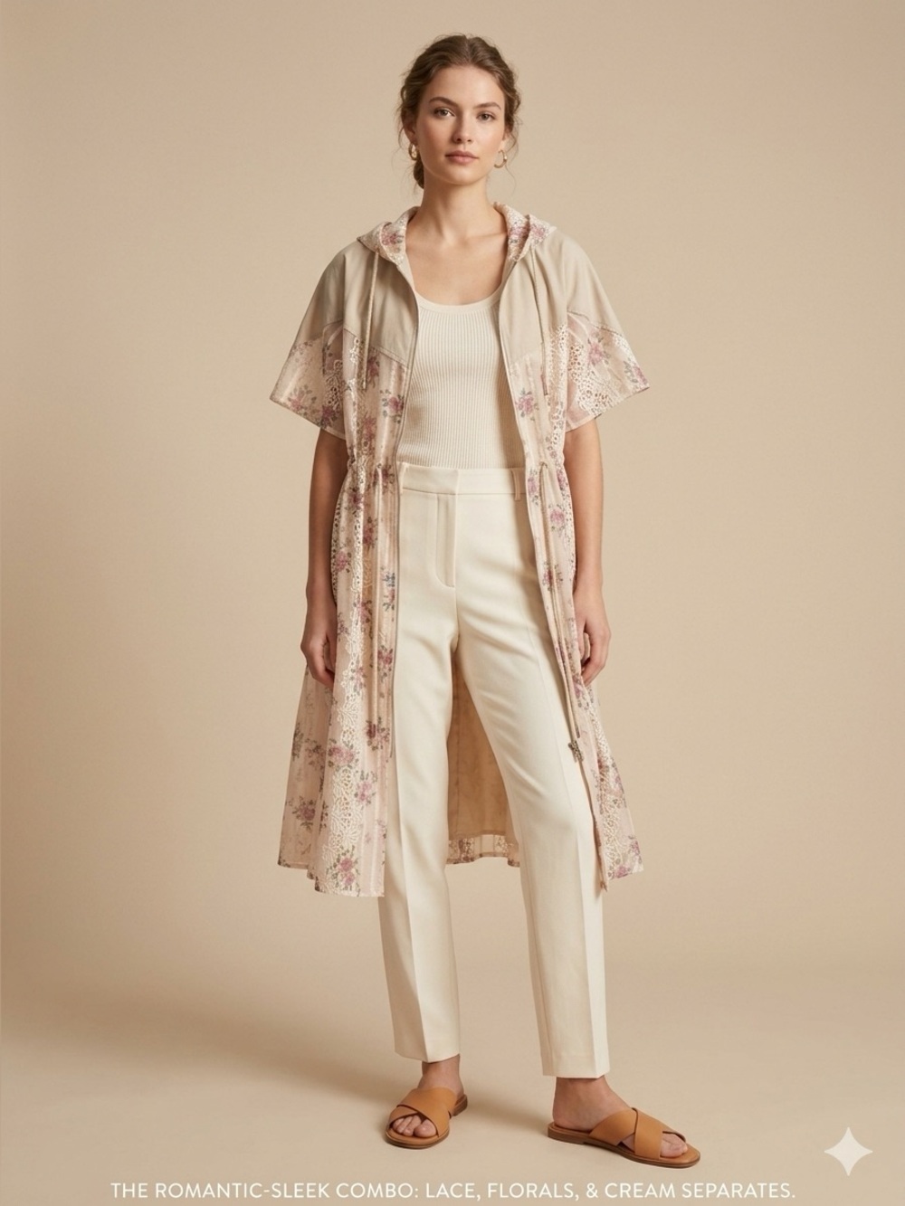 Floral Embroidered Drawstring Hooded Trench Coat - Beige/Pink